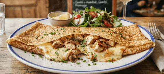 Crêpe, poulet fromage