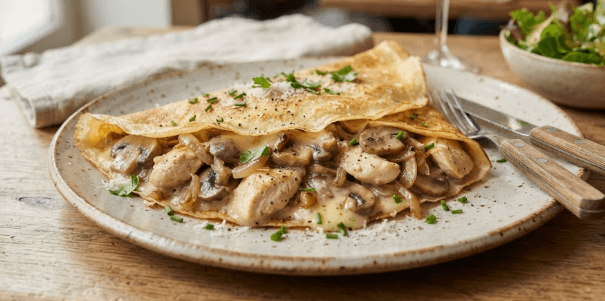 Crêpe, poulet, champignons